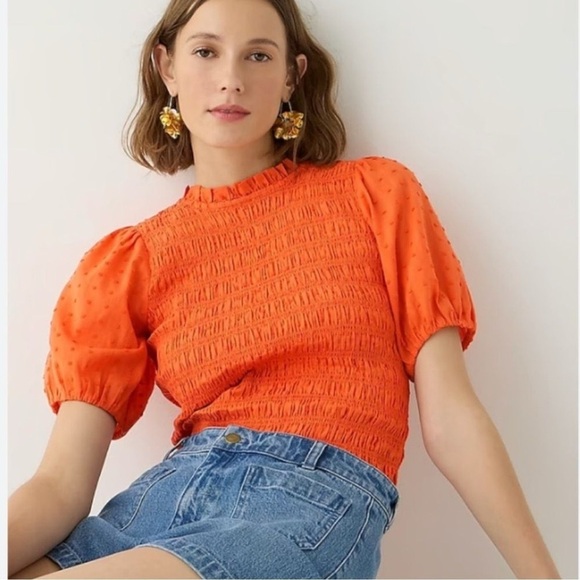 J.Crew Puff-sleeve Textured Voile Smocked Top Fire Lily Orange - Picture 1 of 4